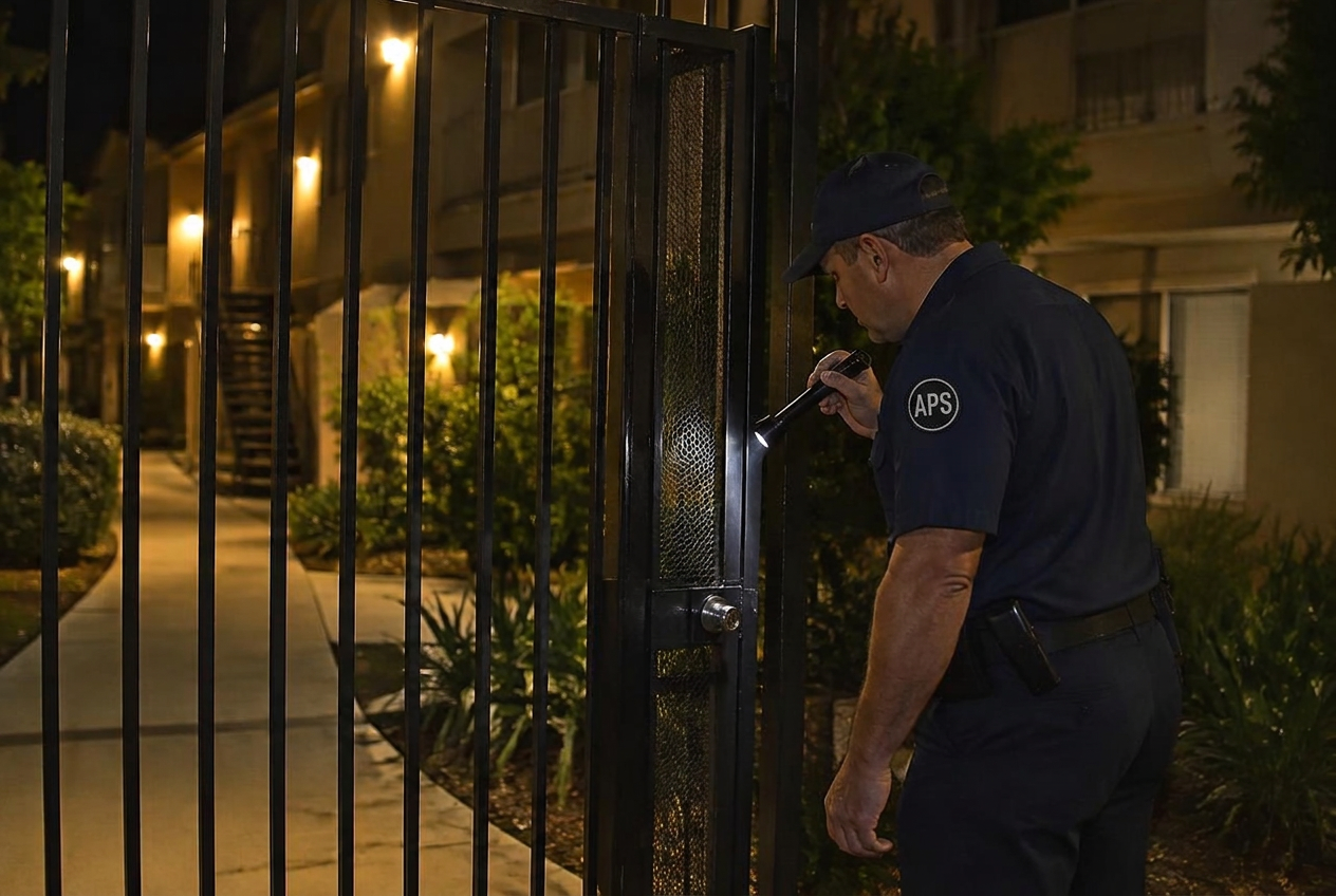 APS security officer checking an apartment access gate at night