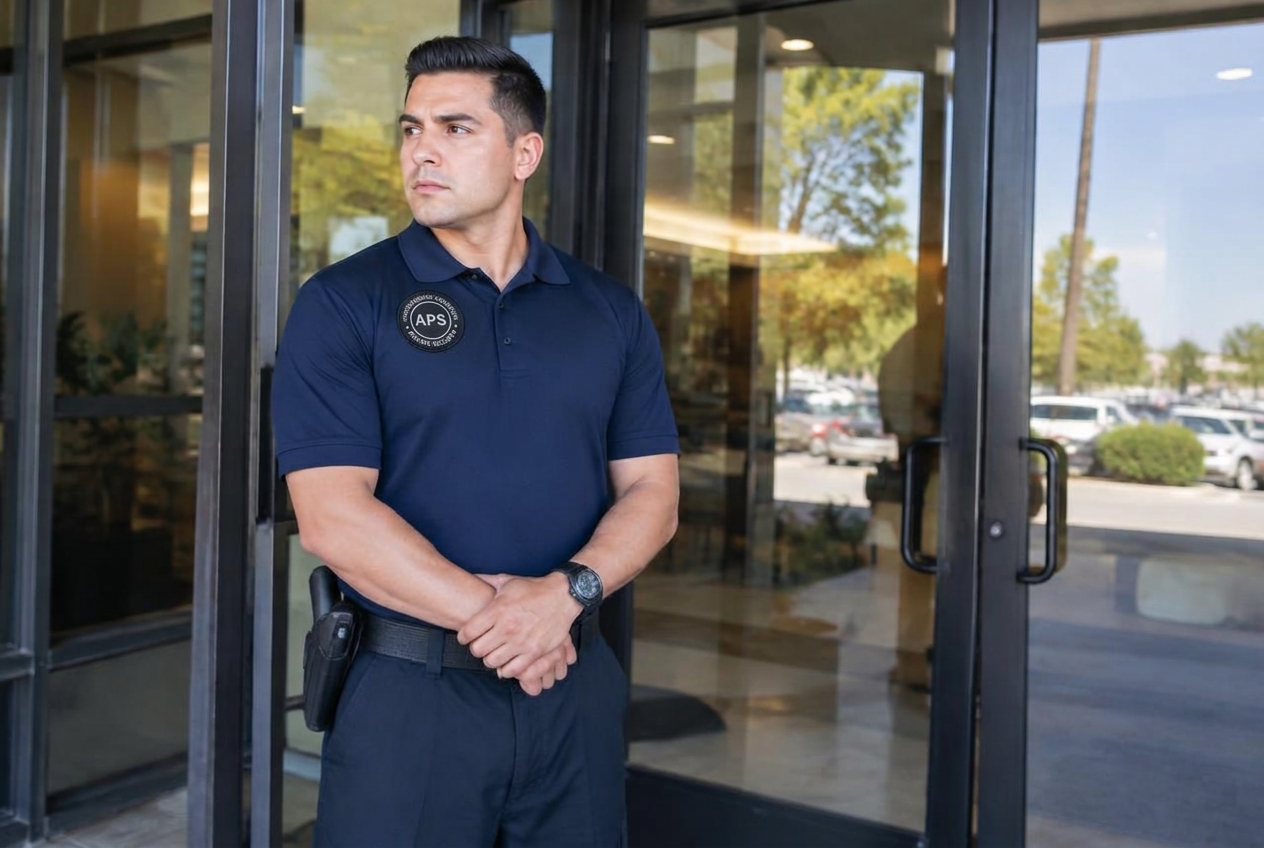 APS security officer wearing a navy logo polo at a commercial property