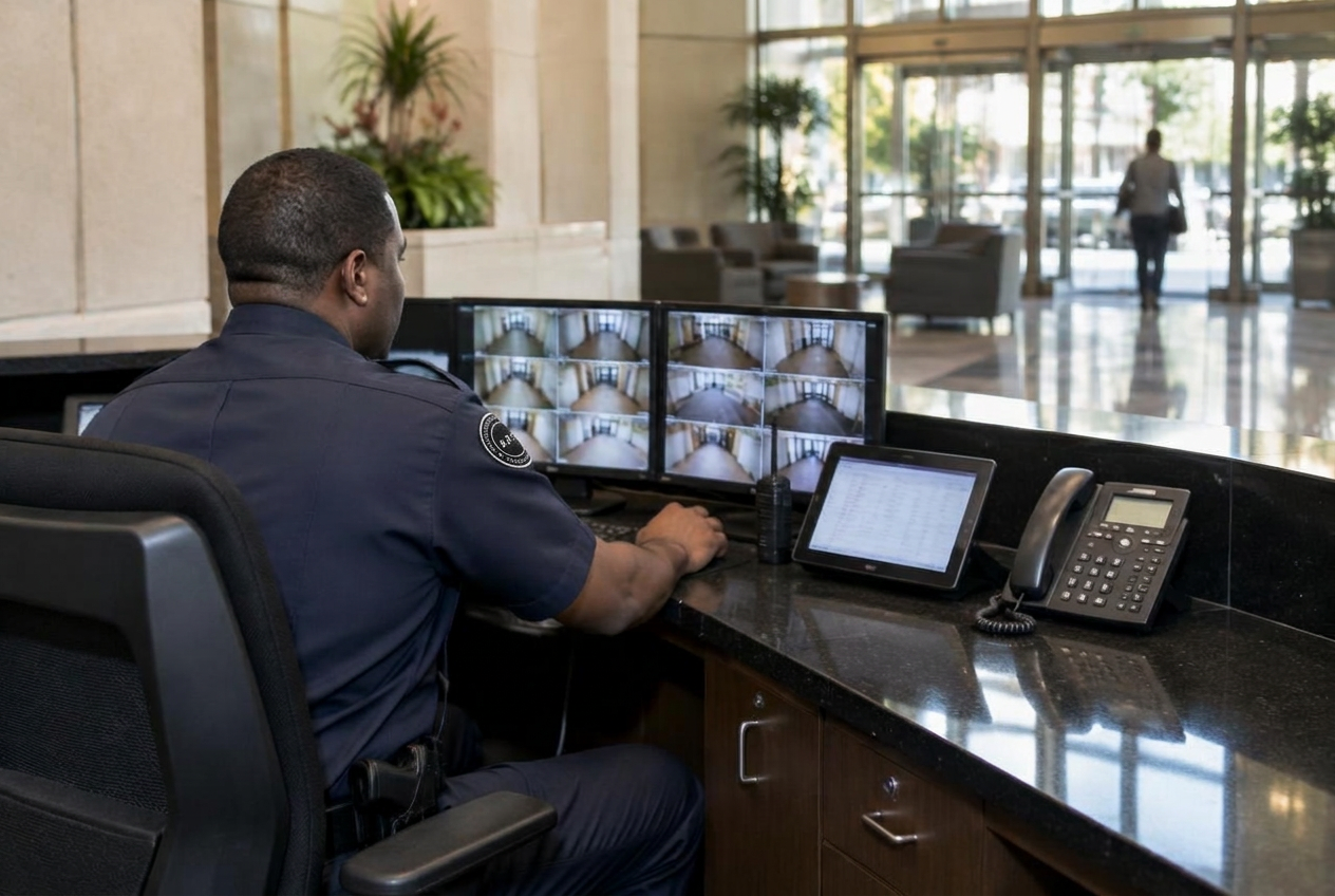APS officer logging patrol activity at a monitored front desk