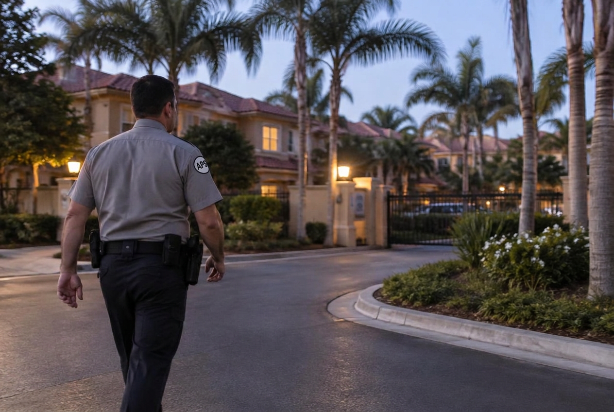 APS security officer meeting an HOA manager during evening patrol