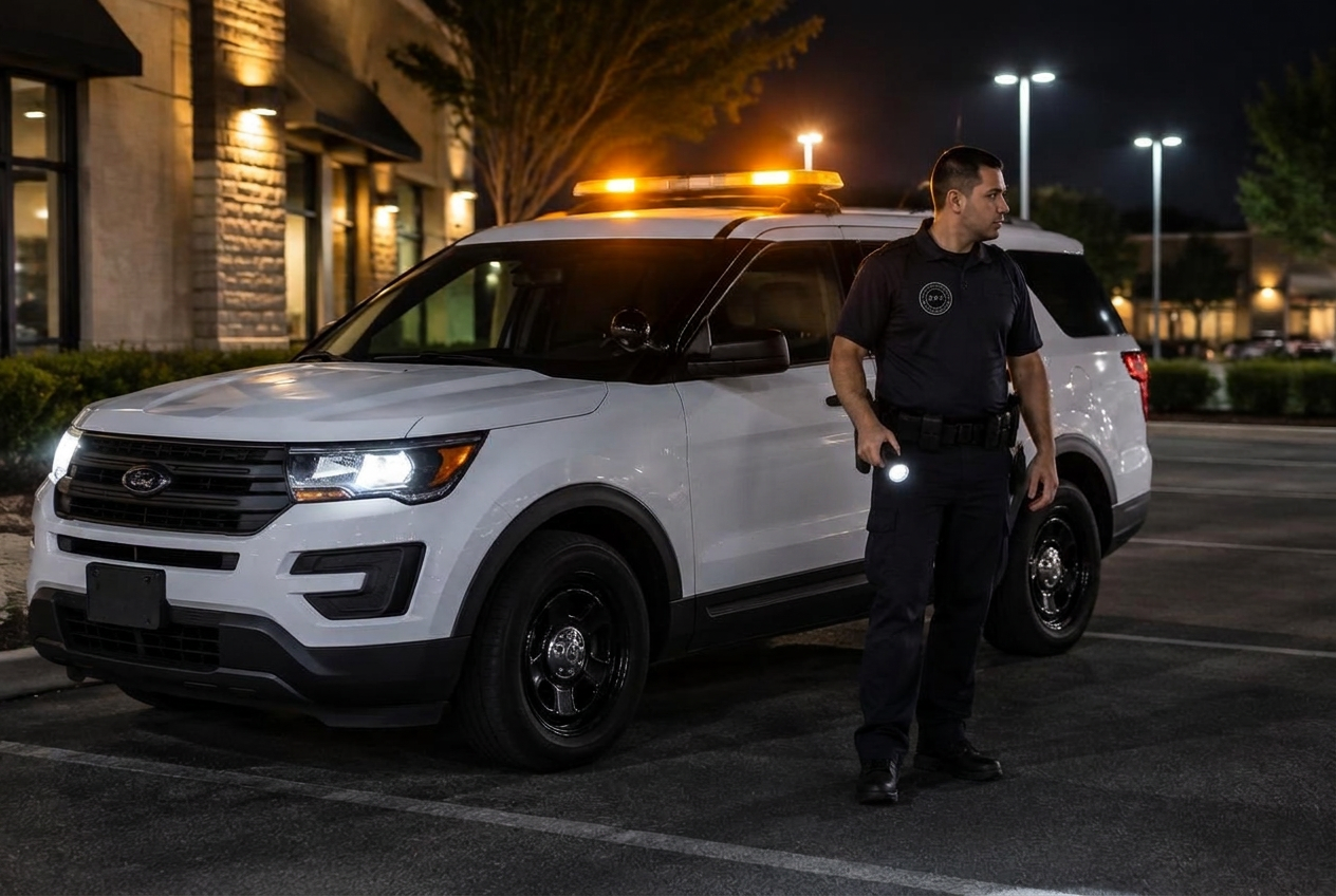 APS officer beside a mobile patrol security vehicle