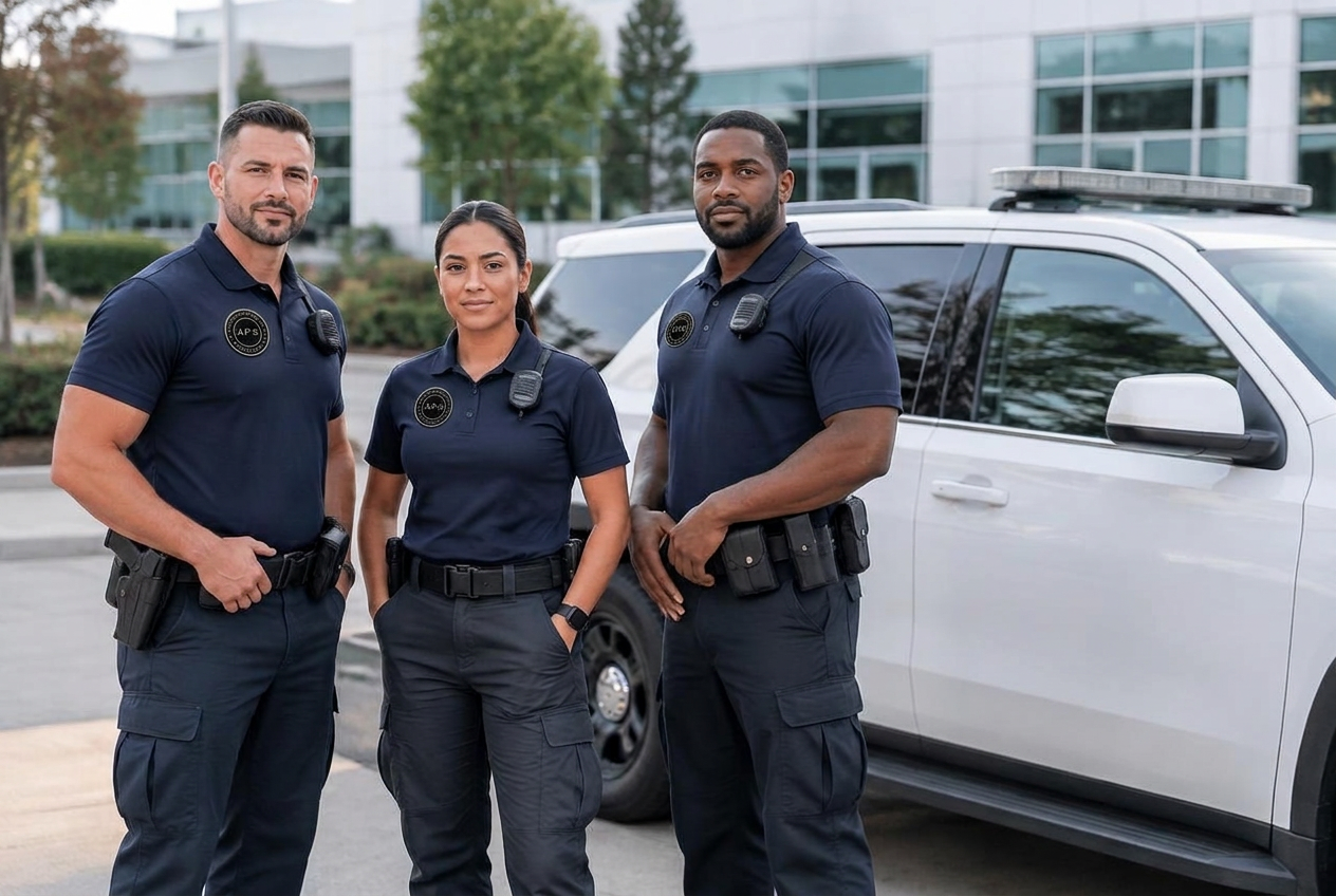 Two uniformed APS security officers preparing beside a patrol vehicle