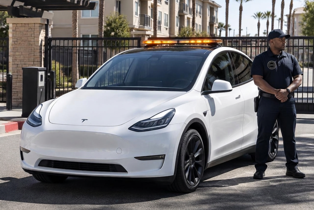APS Tesla patrol vehicle and officer at a California apartment community entrance